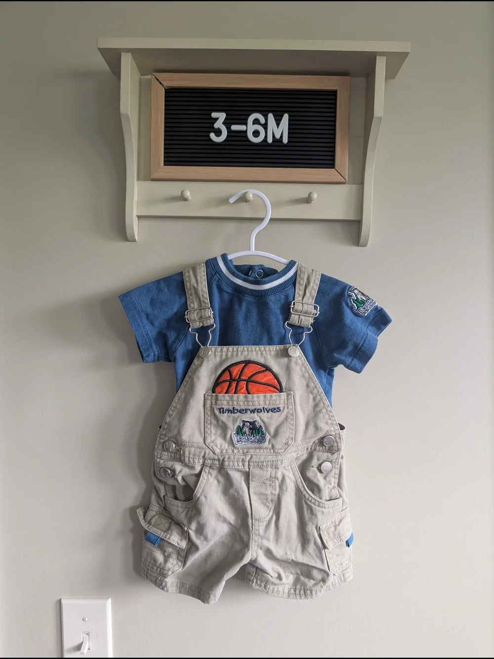 Vintage Timberwolves Embroidered Basketball Overalls And Matching Shirt - 3-6M
